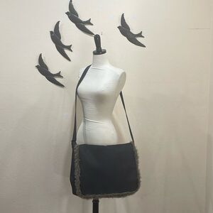 Saks Fifth Avenue Black Nylon Laptop Messenger Bag Faux Fur Trim & Coin Purse